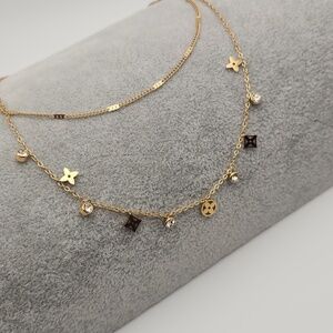 Layered Charm Necklace 18k Gold Plated Stainless Steel , Clover Design